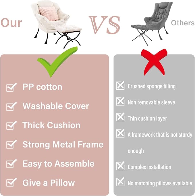 Lazy Chair with Ottoman Large Accent Chair with Ottoman and a Throw Pillow Beige Reading Chair for Living Room Bedroom Dorm Room Office Apartment Relaxing Use
