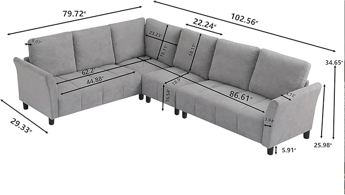 Convertible Sectional Sofa Couch 102 L Shaped Couch with Back Cushions Modern Upholstered Fabric 6-Seat Reversible Sofa Set for Living Room Apartment Office Light Grey