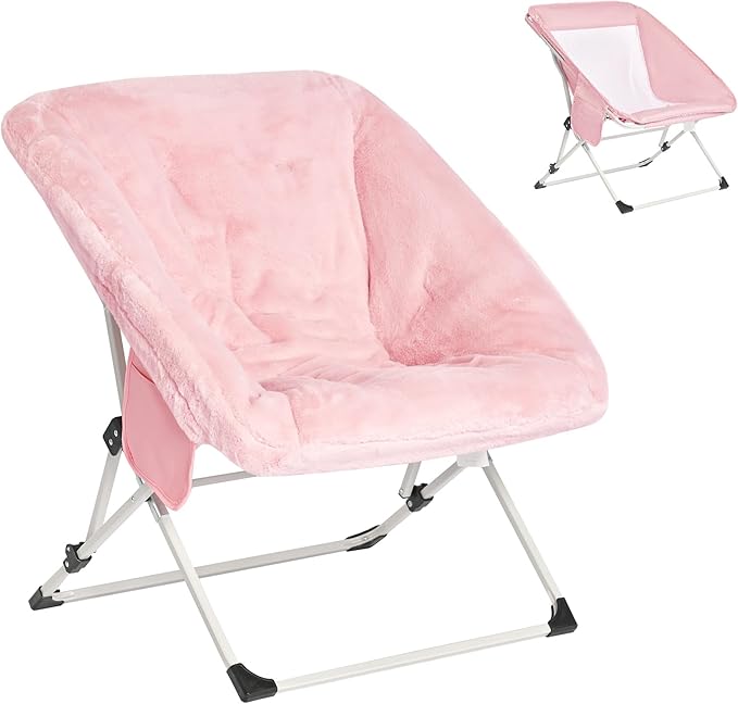 SUNNYFEEL Comfy Folding Saucer Chair for All SeasonsRemoval Faux Fur Soft Chair for AdultsReading Chair for Living Room Bedroom Dorm Metal Frame Moon Chair(Pink)