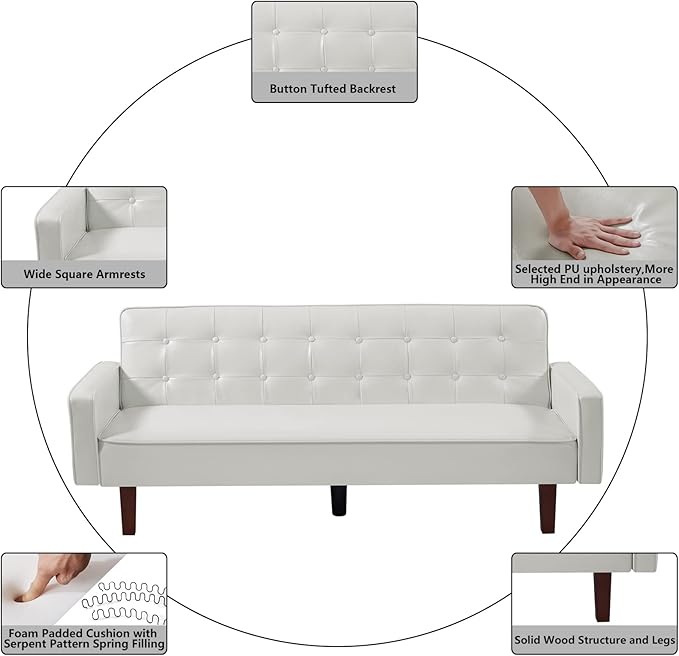 mikibama PU Faux Leather Futon Sofa Couch Upholstered Convertible Sleeper Sofa Bed Futons Modern Tufted 3 Seater Sofa Bed Couch for Living Room Apartment Small Spaces with Solid Wood Legs