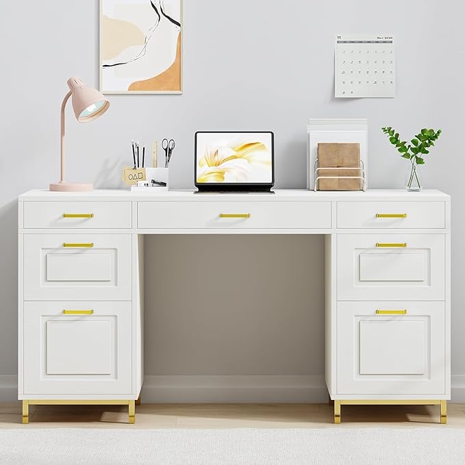 White and Gold Desk with 2 File Drawers 57 Inch Office Computer Desk with 7 Drawers White Desk with Storage Wooden Executive Desk for Office Workspace for Work Study Writing