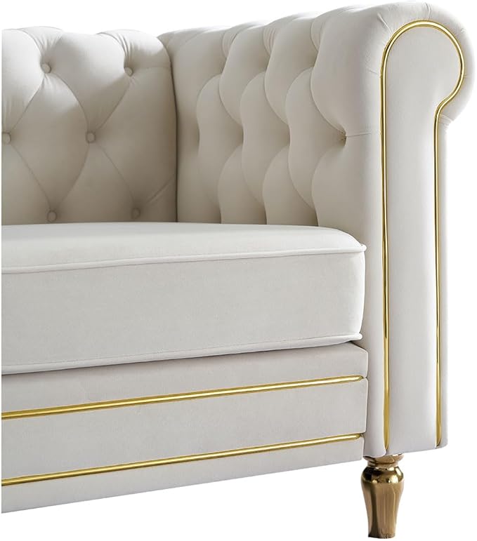 3 Seater Chesterfield Button Tufted Velvet Sofa Wide Upholstered Couch with Rolled Arms Removable Cushions Metal Legs for Living Room Office Apartment (Beige)