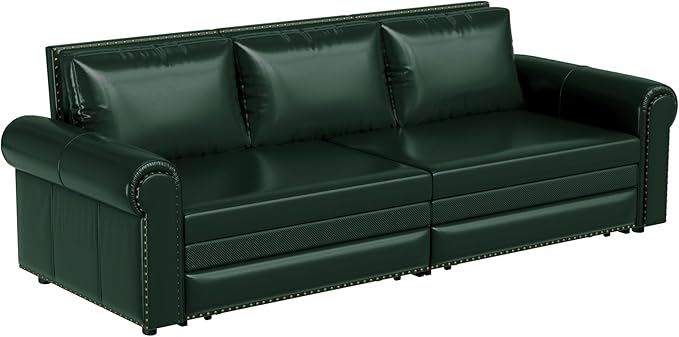 93.7 Faux Leather Convertible Sleeper Sofa 3 in 1 King Size Pull Out Sofa Bed Oversized Loveseat Couch for Living Room Bedroom Lake Green