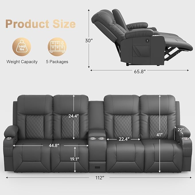 Middle Seat of Recliner Sofa (Dark Gray)