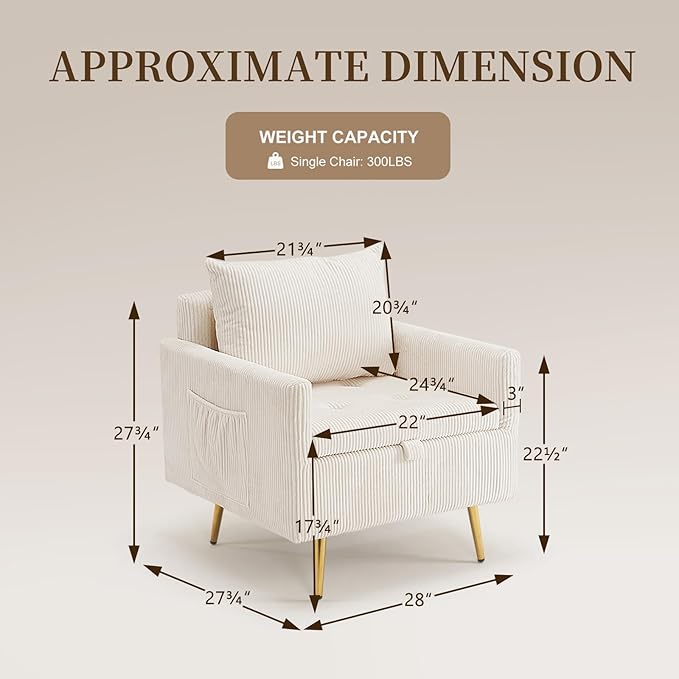 Furnimart Beige Mid-Century Modern Corduroy Storage Accent Chair with Arm 1-Seater Built-in Storage Reading Chair for Bedroom Living Room Apartment