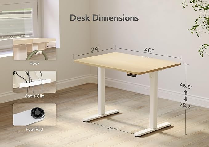 Claiks Electric Standing Desk Adjustable Height Stand up Desk 40x24 Inches Sit Stand Home Office Desk with Splice Board White Frame/Nature Top