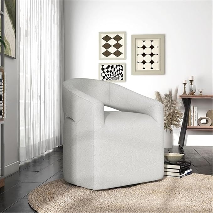 Pemberly Row Contemporary Fabric Armchair 360-Degree Swivel Curved Armrests Bouclé Fabric in White 32.75 H x 27 W x 26 D Modern Accent Chair for Living Room Bedroom Office