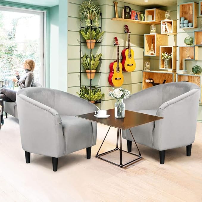 Yaheetech Living Room Chair Velvet Accent Chair Upholstered Barrel Chair Sitting Chair with Armrest and Low Back for Living Room Bedroom Reception Room Gray