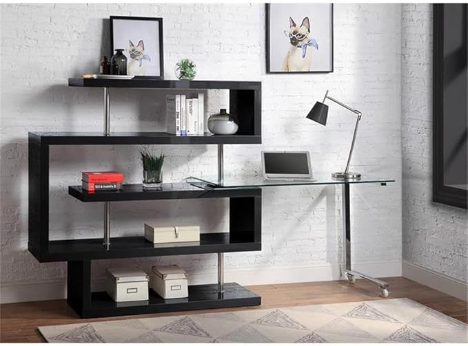 Pemberly Row L-Shaped Writing Desk with Glass Top Chrome and Black High Gloss Finish MDF and Tempered Glass 55 W x 24 D x 54 H 4 Shelves 360° Swivel Function Modern Home Office Desk