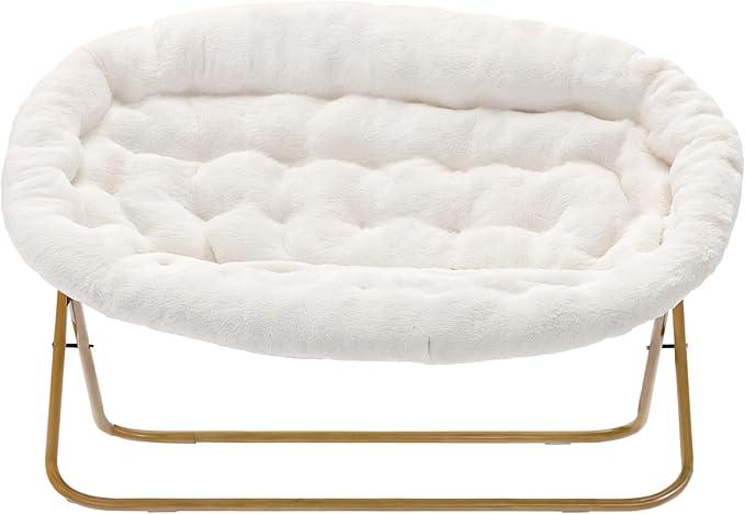 BizChair 56 Portable Folding Double Saucer Chair in Ivory Faux Shearling with a Soft Gold Steel Frame for Dorm Living Room or Bedroom