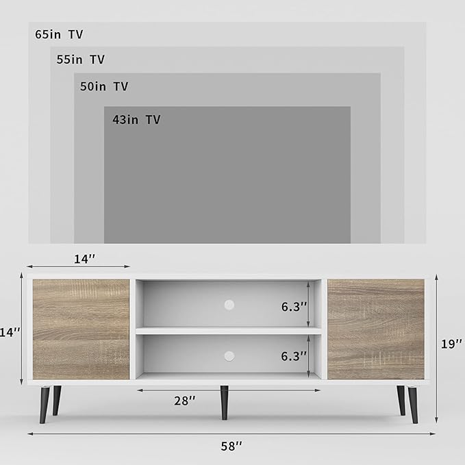 JUMMICO TV Stand for 65 Inch TV Mid Century Modern TV Stand Entertainment Center with Storage Cabinet and Open Shelves TV Console Table Media Cabinet for Living Room and Bedroom (Oak)