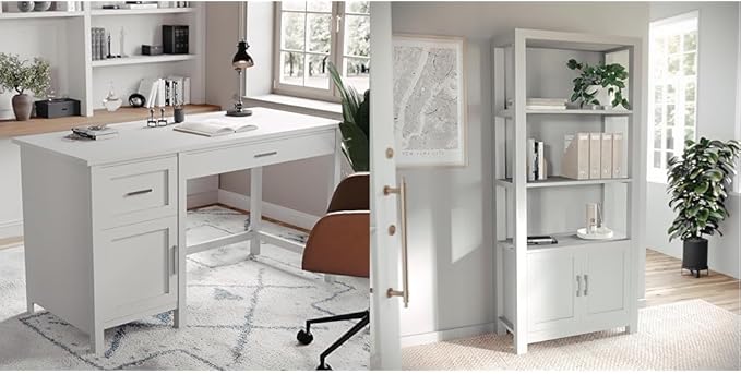 Martha Stewart Hutton Home Office Desk and Four Tier Bookcase Bundle in Gray with Brushed Nickel Hardware