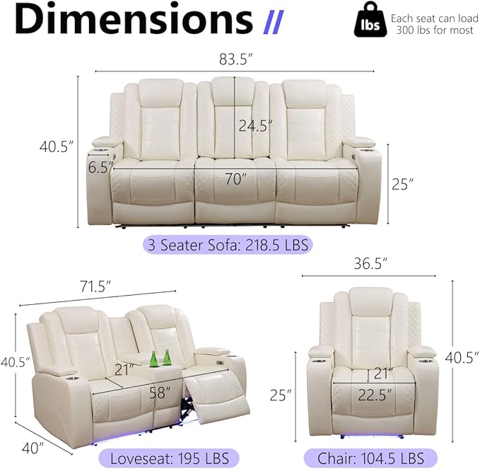 Power Theater Recliner Sofa Couch with LED Breathing Leather Reclining Couch Recliner Furniture for Living Room with Storage/Cup Holders/Read Light/Home Theater Seat Cream White(3 Seater)