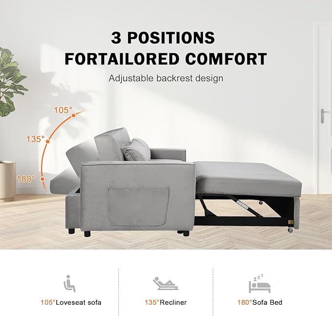 Convertible Sofa BedVelvet Sleeper Sofa Bed with Side Pockets 3 in 1 Pull Out Couch with Adjustable Backrest for Living Room Bedroom Apartment (Grey)