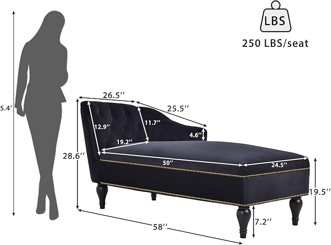Velvet Upholstered Sofa Chaise Loungers 58 Chaise Lounge with Nailhead Trim and Solid Wood Legs Button Tufted Right Arm Facing Lounge Chair for Living Room Sleeper Lounge Sofa