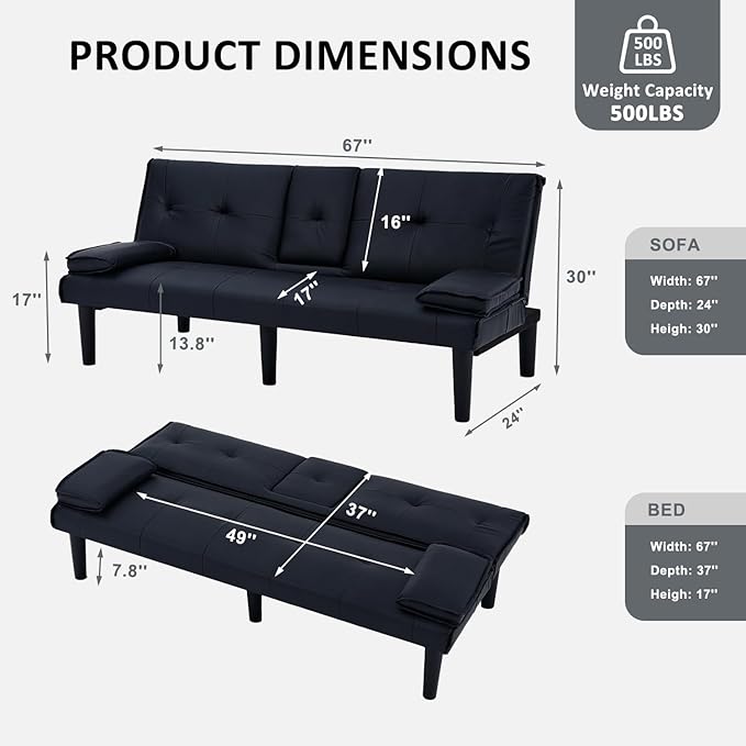 Futon Sofa Bed PU Leather Modern Convertible Futon Couch with Removable Armrests Cup Holders Loveseat Sleeper Sofa Bed for Living Room Apartment Small Spaces (Black)