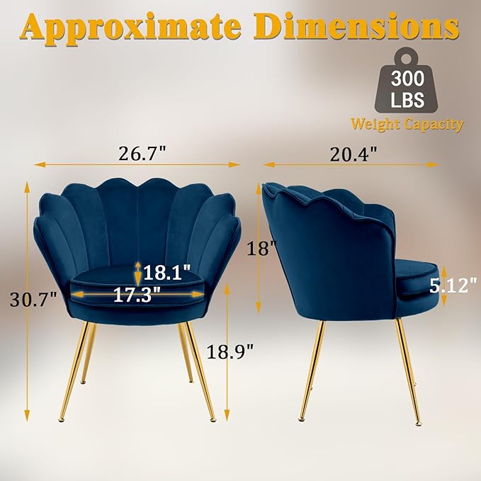 Accent Chairs Set of 2 for Living Room Velvet Upholstered Makeup Room Vanity Chair with Back Golden Metal Legs Small Accent Side Chair for Bedroom Cloud Chair Set 2 Pcs Dark Blue