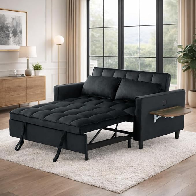 3 in 1 Sofa Bed Pull Out Couch with Side Pockets Loveseat Sleeper Sofa Bed with Side Table Pull Out Couch with USB Ports for Living Room Bedroom Apartment Black