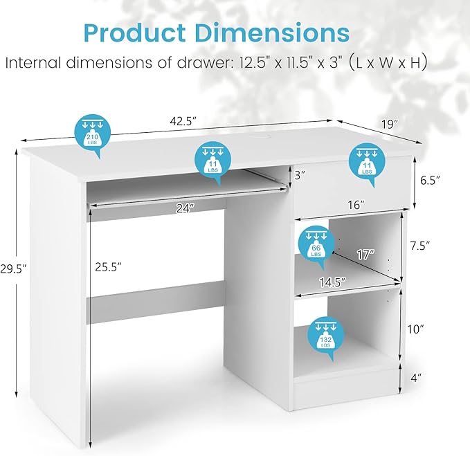 Computer Desk with Keyboard Tray and Drawer Home Office Desk with Adjustable Shelves &amp Cable Hole Modern Vanity Table for Bedroom Teens Gaming Desk Writing Study Workstation (White)