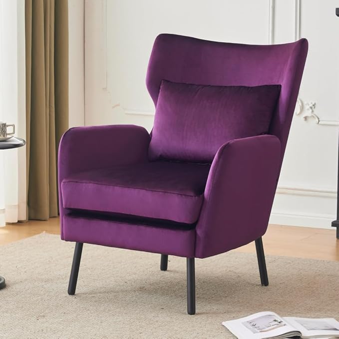 Chair reclinerWingback Velvet Accent Chair Modern Upholstered Armchair for Living Room Bedroom and Reception Area Comfortable Single Sofa Chair with Metal Legs and Pillow (Purple + Velvet)