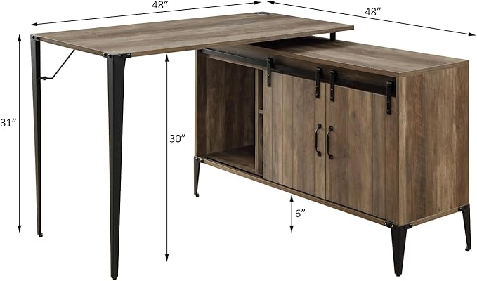 Zakwani 48 L-Shaped Writing Desk - Gray Oak &amp Black Finish (Versatile Home Office Desk - Sliding Barn Door Storage