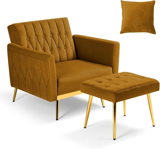 Velvet Accent Chair with Adjustable Armrests and Backrest Button Tufted Lounge Chair Single Recliner Armchair with Ottoman and Pillow for Living Room Bedroom Ginger