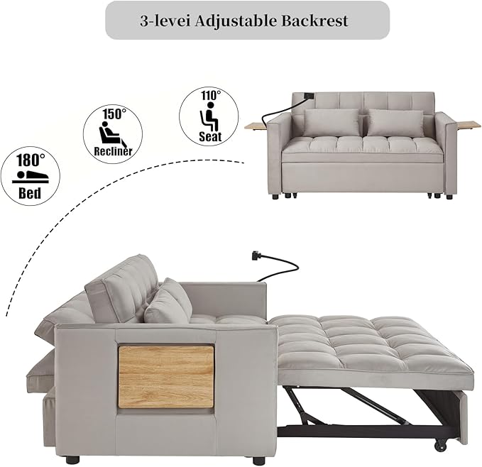 Loveseat Sleeper Sofa 3 in 1 Convertible Sofa Bed Adjustable Backrest Comfy Pull Out Couch Modern Upholstered Sofa for Living Room Bedroom Apartment Small Space (Grey with Side Table)