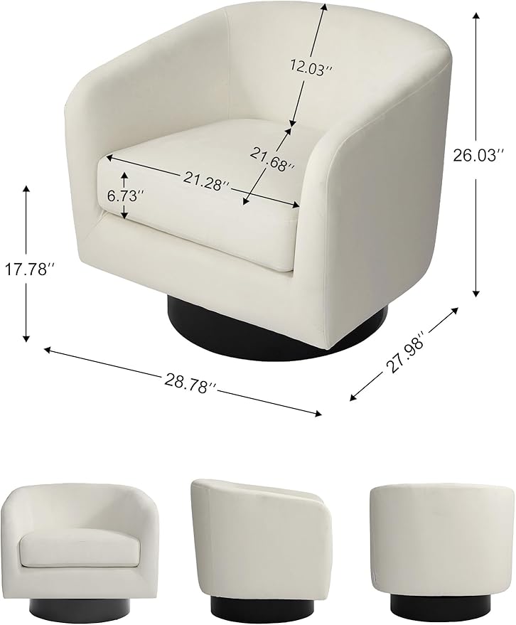 Swivel Barrel Accent Chair Modern Round Chenille Fabric Arm Chair for Living Room Bedroom Comfy Club Reading Chairs for Adults（Velvet Ivory Set of 1