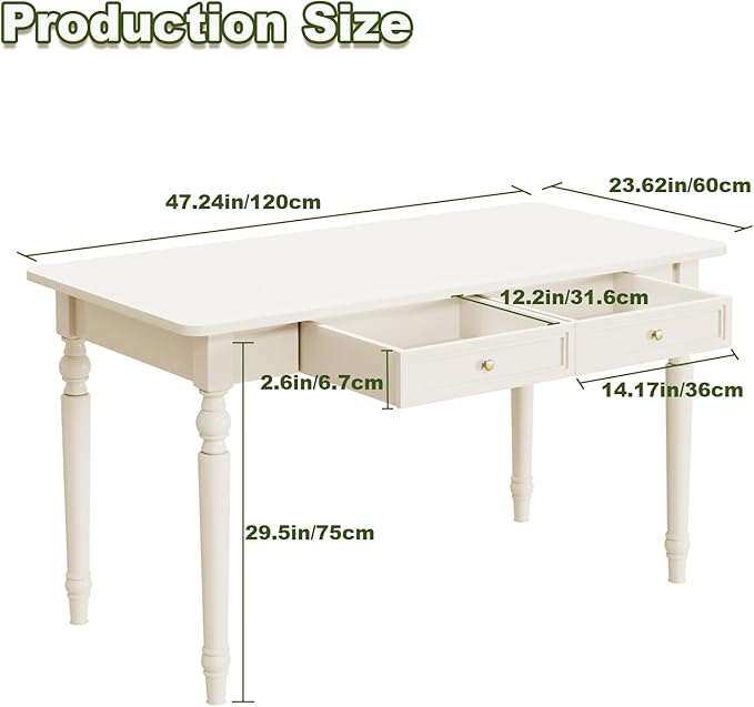 48in Rubber Wood Desk with Two Drawers French Home Office Writing Tables with Storage Multi-Functional Wood Vanity Study Desk for Bedroom Living-Room White