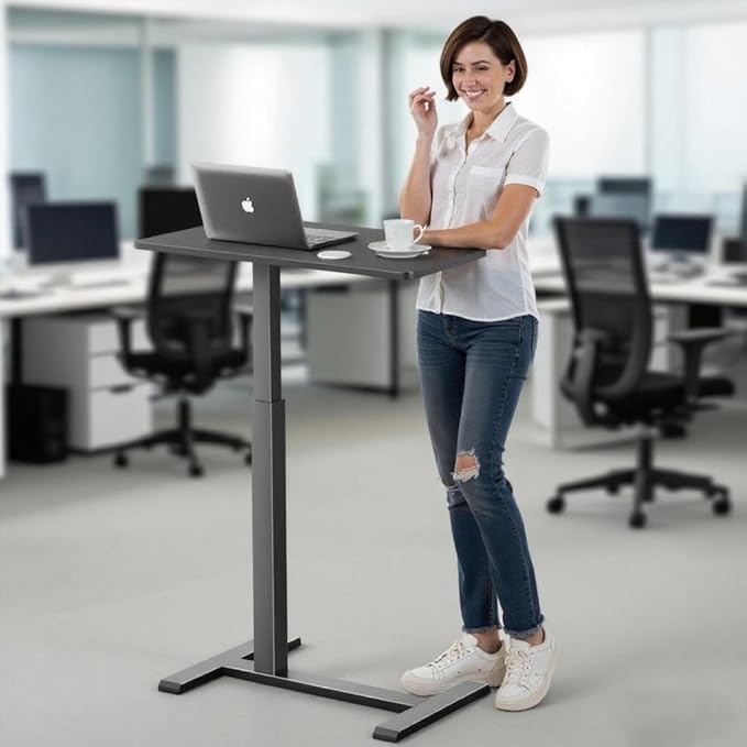 Mobile Standing Desk with WheelsPneumatic Laptop Desk Height AdjustableRolling Teacher Overbed Bedside Table for HomeOfficeClassroomBlack