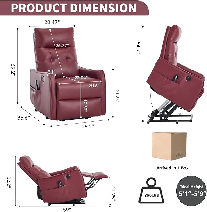KEIKI Single Motor Power Lift Recliner Chair with Massage and Heat for Living Room Synthetic Leather Upholstery with USB Charging Port and Side Pockets for Seniors