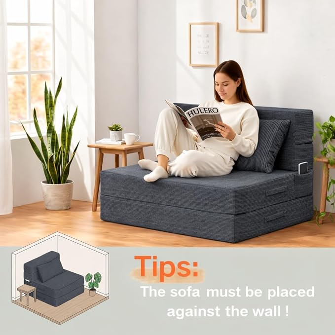 Folding Sofa Bed 4 in 1 Convertible Sleeper Chair with Pillow Twin Memory Foam Fold Out Chair Bed Modern Floor Futon Sofa Couch Mattress for Living Room/Guest/Apartment Dark Grey