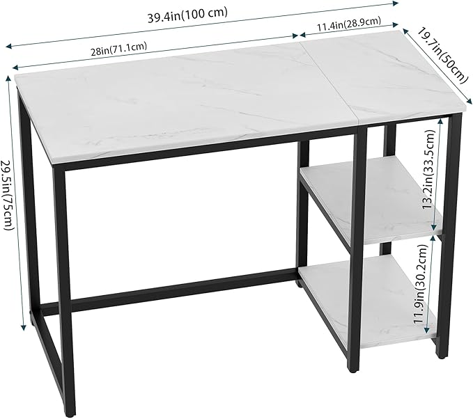 SINPAID Computer Desk 40 inches with 2-Tier Shelves Sturdy Home Office Desks with Large Storage Space Modern Gaming Desk Study Writing Laptop Table Black Marbling (White Marble 40 inch)
