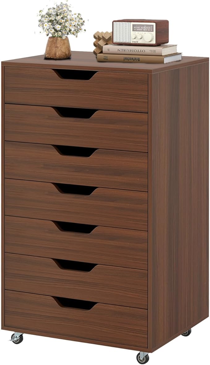 7 Drawer File Cabinet 34.5 Vertical Storage Drawer Cart Under Desk Office Organizer Wooden Printer Stand Rolling Filing Cabinet for Home Office (Walnut)