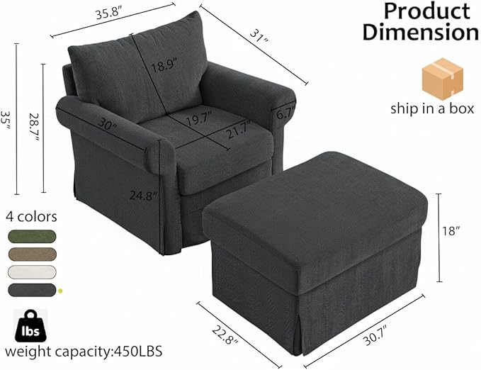 35.8 Accent Chair with Ottoman Set Comfy Chenille Armchair with Rolled Arms Modern Single Reading Chair for Living Room Bedroom Apartment Grey