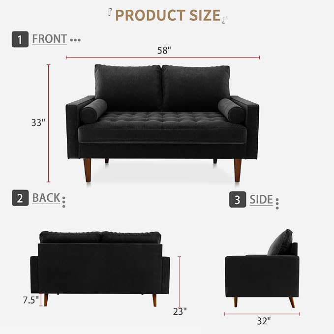 SILKIR Velvet Loveseat Sofa Love Seats Furniture for Small Spaces Mid-Century Modern Loveseats for Living Room Love Seat Couch 58 Inches Black