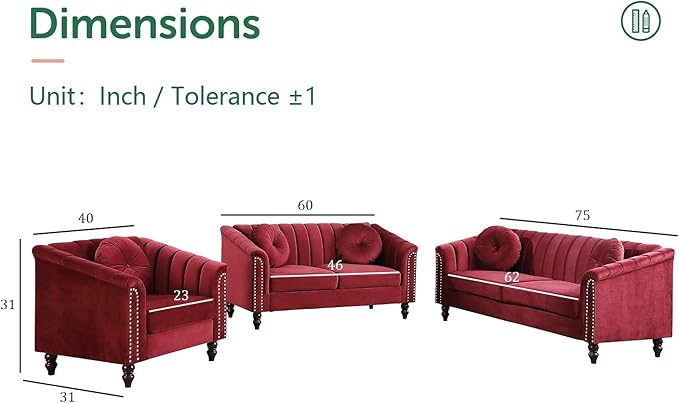 Chesterfield Sofa Set Luxurious Velvet Modern Rectangular Sofa Set with Sofa Loveseat Chair Upholstered Rolled Arm with Rivets/5 Button Tufted Pillow Red