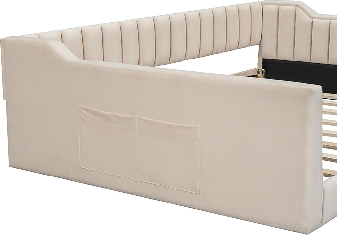 Full XL Size Floor Bed with Storage Pocket Upholstered Floor Sofa Daybed with Vertical Stripe Design for Gust RoomBedroom Living Room Beige