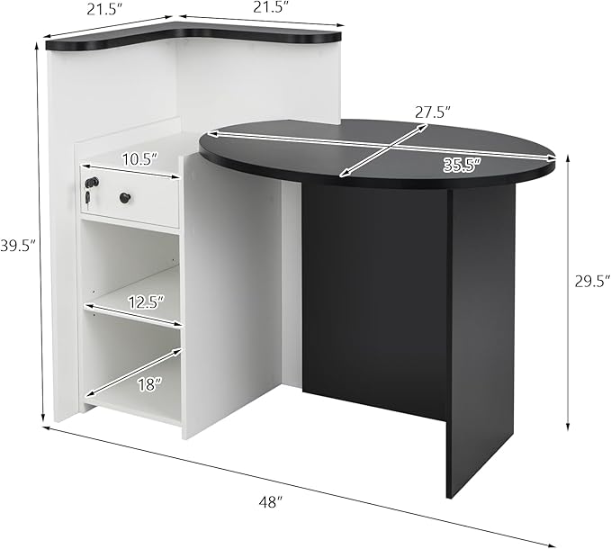 Reception Desk Small Retail Checkout Counter with Lockable Drawer and Open Shelves Wooden Computer Workstation for Home Office Lobby White Oval Desktop &amp Black Counter