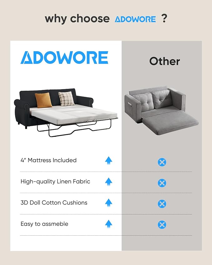 2 in 1 Sofa Bed Queen Size Linen Fabric Pull Out Couch with Folding Foam Mattress Convertible Loveseat Sleeper Sofa with Nailhead Trim for Living Room Bedroom Apartment-Grey