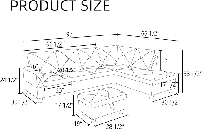 L Shaped Couch Modular Sectional Sofa with Chaise Modern Modular Sofas Furniture Sofa Couches for Living Room/Apartment/Office/Bedroom Ginger