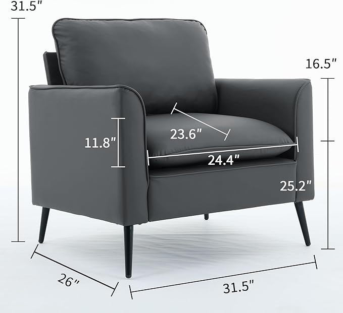 Modern Faux Leather Chair Set of 2 Oversized Arm Chair for Living Room Mid-Century Accent Sofa for Bedroom Comfy Upholstered Single Sofa Readingchair for Waiting Room and conference roomGray