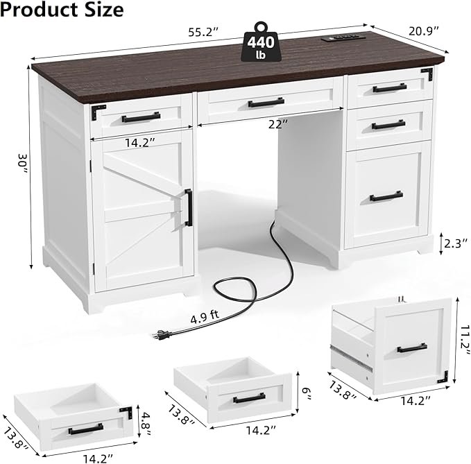 VOWNER 55 Executive Desk Home Office Desk with Drawers and Storage Cabinet Farmhouse Wood Desk Workspace for Work Study Writing Charging Station Letter/A4 File Drawer White