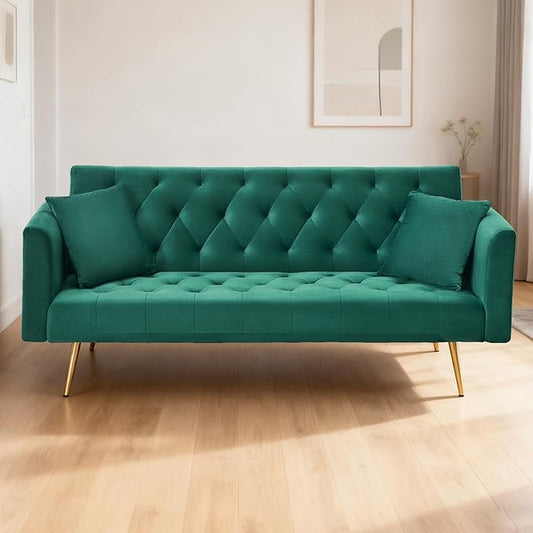 71 Velvet Futon Sofa Bed Convertible Sleeper Couch with 2 Pillows - Modern Loveseat Small Sofa 3-Angle Adjustable Backrest Golden Metal Legs for Living Room Bedroom Apartment Easy Assembly (Green)
