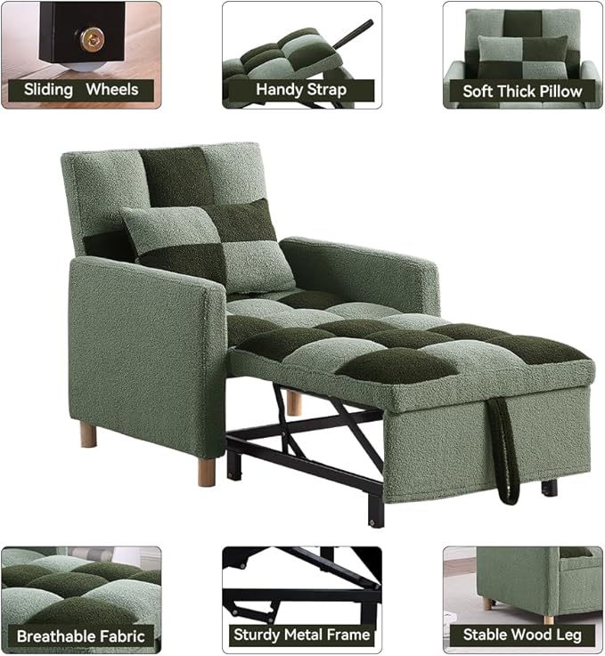 Sleeper Chair Bed - Convertible Single Sofa Chair Bed with PillowPull Out Sleeper Bed with Adjustable BackrestMulti-Functional Lounge Chair with Teddy Fabric for ApartmentLiving Room (Green)