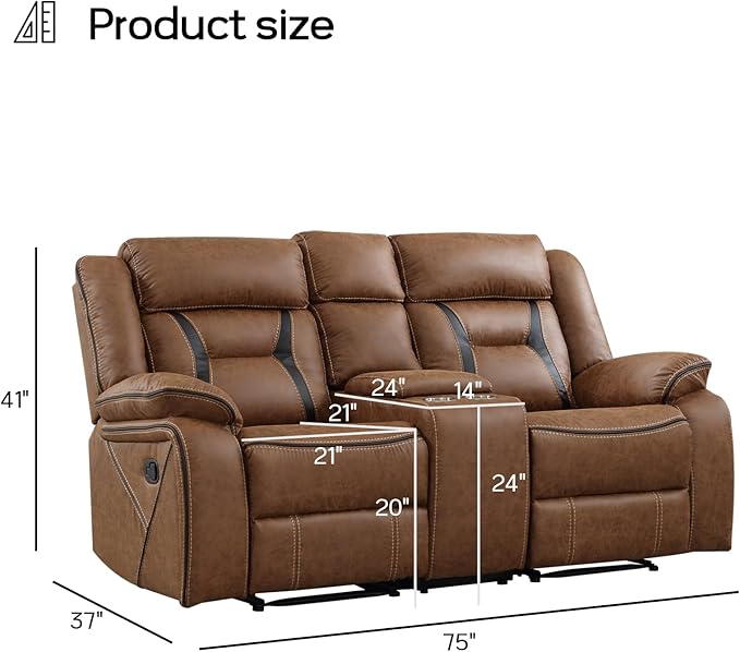 EBELLO Faux Leather Manual Loveseat Recliner 2 Seat Reclining Sofa Chair with Center Console Hidden Storage and Cup Holders Daul Recliner for Living Room Meeting Room Brown (Loveseat)