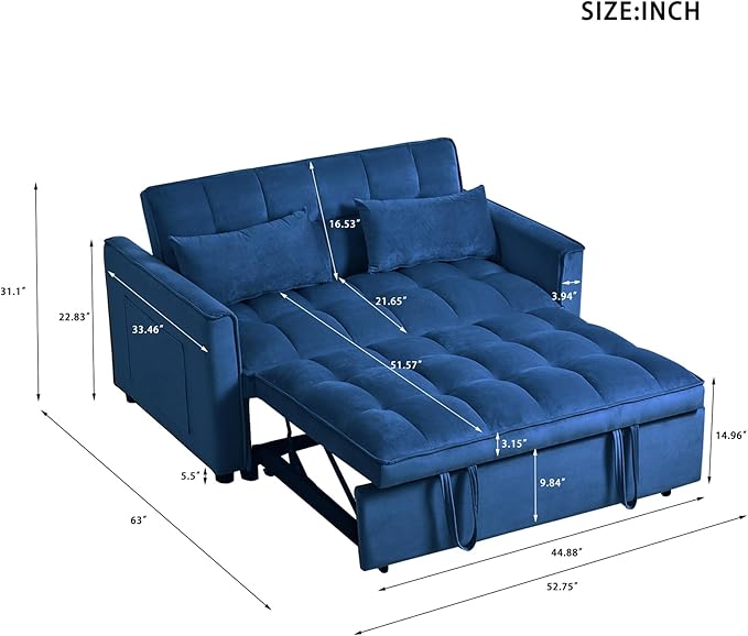 3 in 1 Pull Out Couch Bed Convertible Futon Sofa Bed Velvet Sleeper Loveseat for Small Living Room Adjustable Backrest Comfy Pillows Side Pocket (Blue)