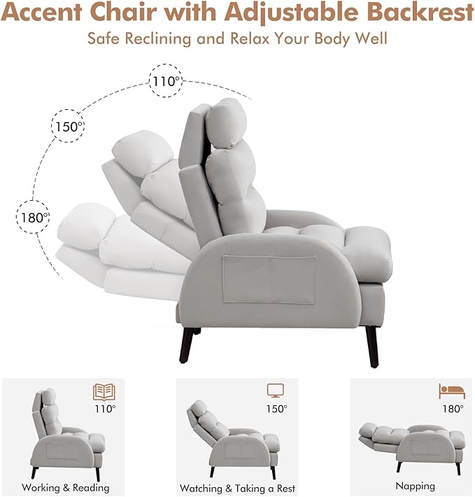 Accent Chair with Ottoman Comfy Reading Chair with Ottoman Set Modern Oversized Velvet Lounge Armchair with Adjustable Backrest for Living Room Bedroom (Grey)