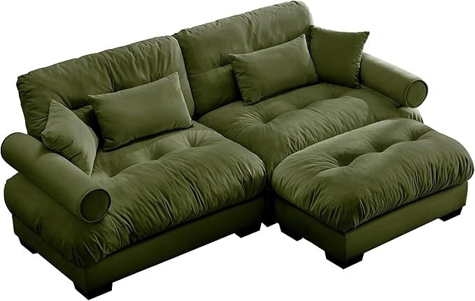 Velvet Modular Sectional Sofa2-Seater Cloud Couch with OttomanPillows and High Density Memory Foam for Living Room Home TheaterApartment（Olive-Green）
