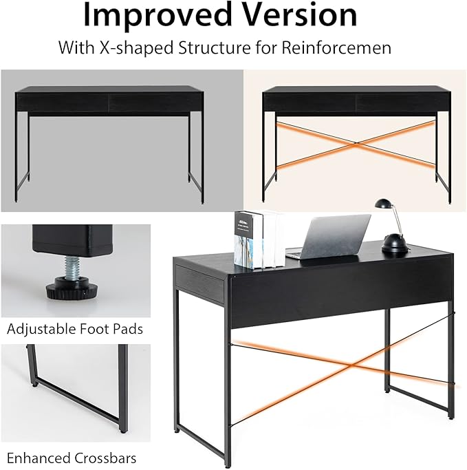 Tangkula Computer Desk with 2 Drawers Simple Wooden Study Writing Desk with Steel Frame 44 Inches Laptop PC Workstation Student Desk Home Office Desk Ideal for Bedroom &amp Office (Black)